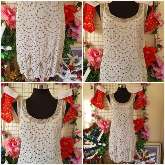 ALANNAH HILL | 100% Silk - Main & Lining | White Beaded Dress Sleeveless | AU 12 - Picture 7 of 15